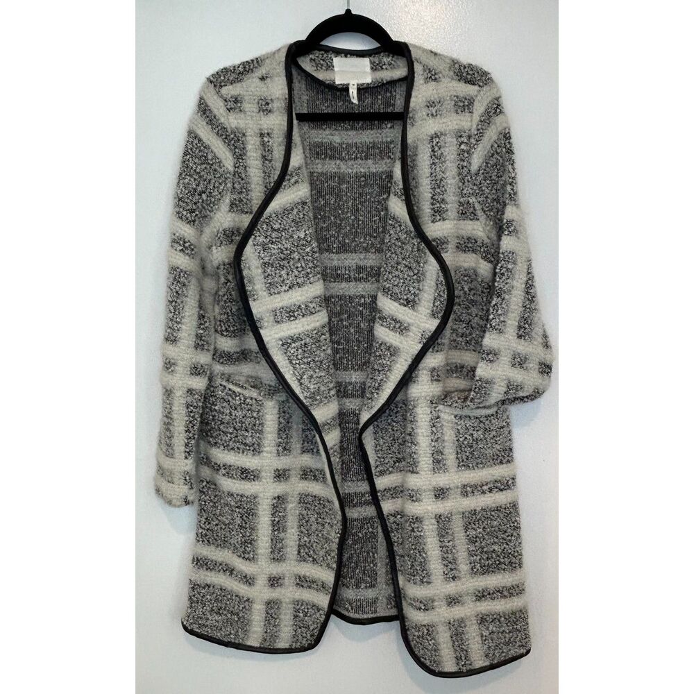 Avec Les Filles Plaid Knit Cardigan Coat Womens Medium Faux Leather Trim Duster